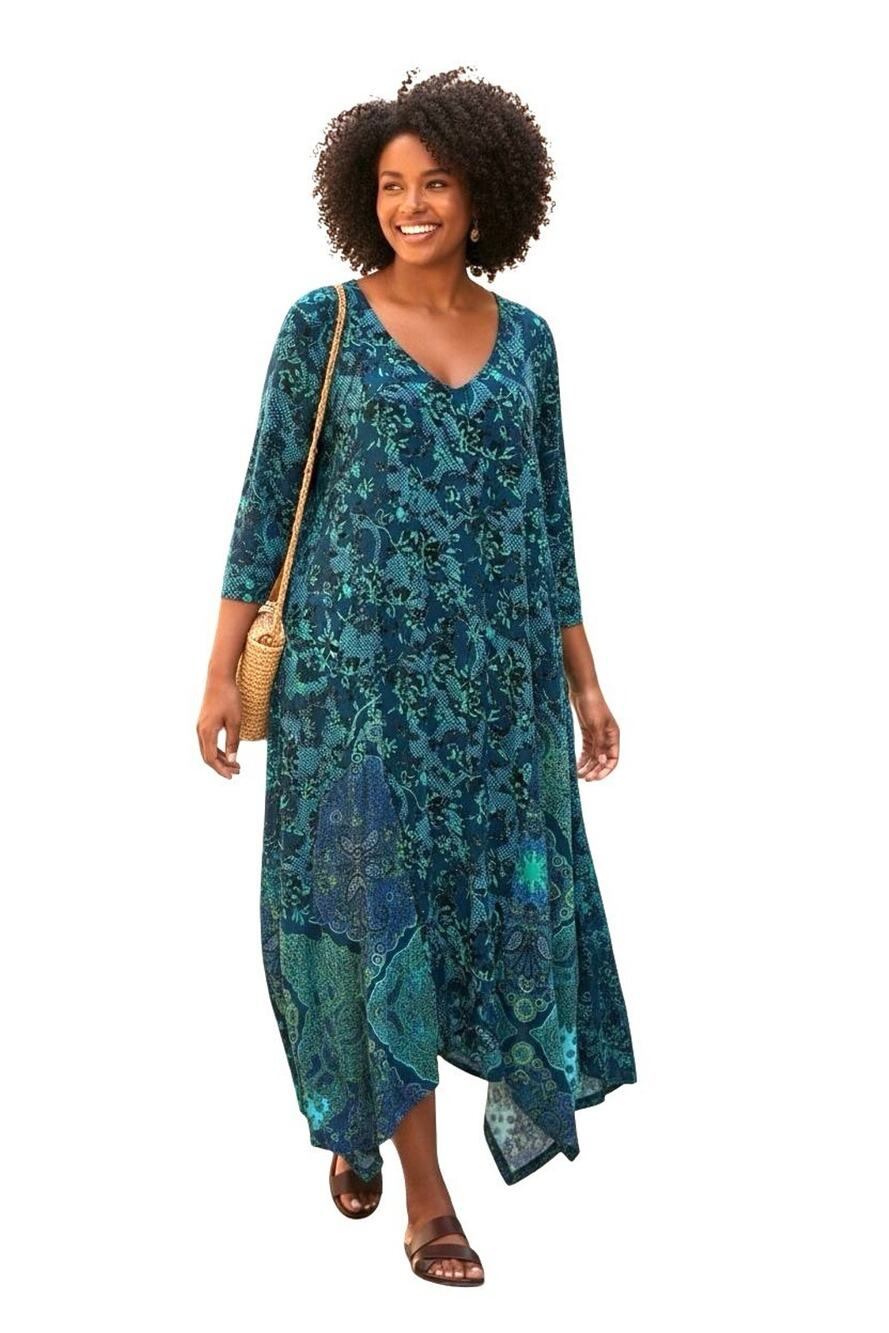 Attitudes by Renee Petite Teal Floral V-Neck Jersey Knit Shark Bite Hem Dress L